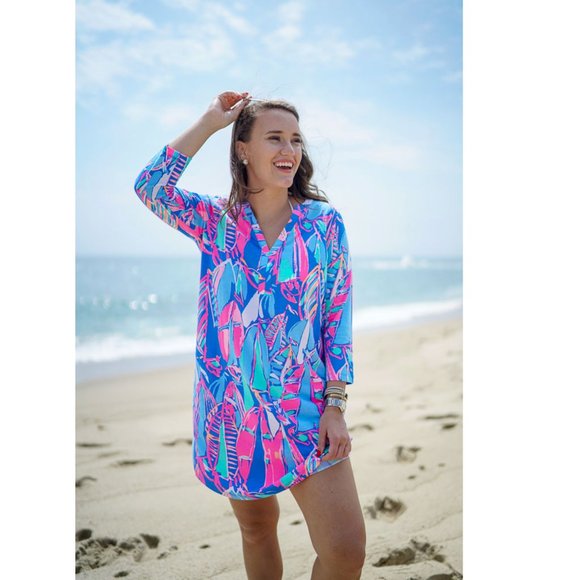 Lilly Pulitzer Other - Blogger Fave!! Lilly Pulitzer 3/4 Sleeve V-Neck Coverup Bay Blue Tunic Dress XS